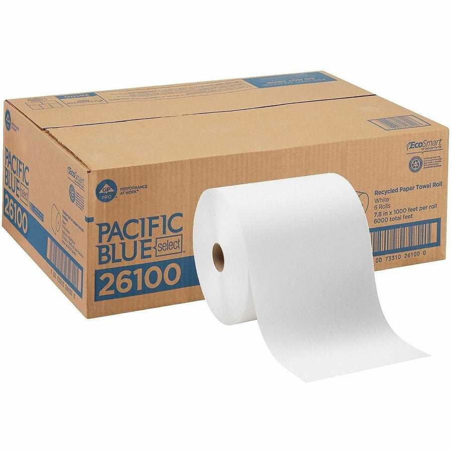 Pacific Blue Select Recycled Paper Towel Roll, White, 1 5/8", Strong, 6 / Carton, GPC26100