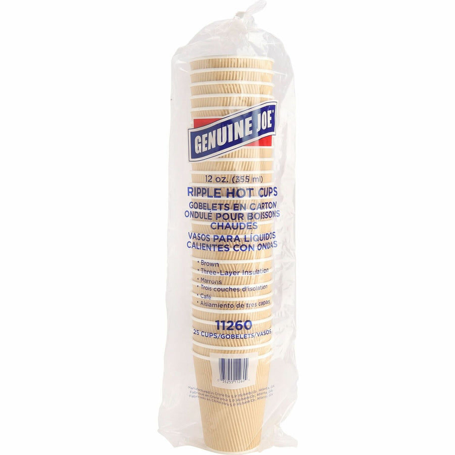 Genuine Joe 12 oz Rippled Hot Cups, Brown, 12 fl oz, 25 / Pack, GJO11260