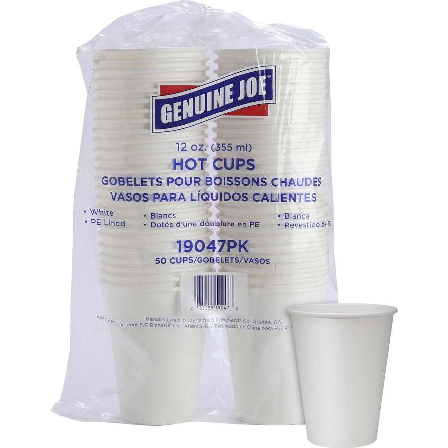 Genuine Joe 12 oz Disposable Hot Cups, White, Polyurethane, 12 fl oz, 50 / Pack, GJO19047