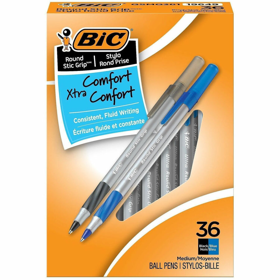 BIC Round Stic Grip Xtra-Comfort Medium Ball Point Pen, Assorted, Easy Glide, 36 / Box, BICGSMG361AST