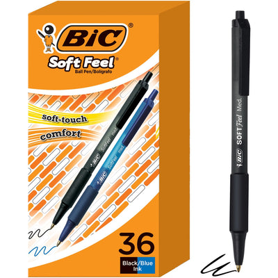 BIC Soft Feel Retractable Ball Point Pen Medium, Assorted, 36 / Box, BICSCSM361AST