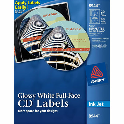 Avery Optical Disc Label, Glossy White, 20 / Pack, AVE8944