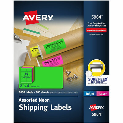 Avery 2"x 4" Neon Shipping Labels with Sure Feed, 1,000 Labels (5964), Neon Yellow, 5 Pack, AVE5964