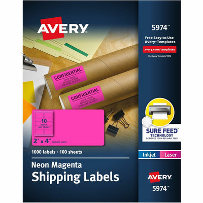 Avery 2" x 4" Neon Shipping Labels with Sure Feed, 1,000 Labels ), Neon Magenta, 5 / Pack — view 1