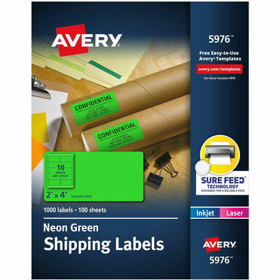 Avery 2"x 4" Neon Shipping Labels with Sure Feed, 1,000 Labels (5976), Neon Green, 5 Pack, AVE5976