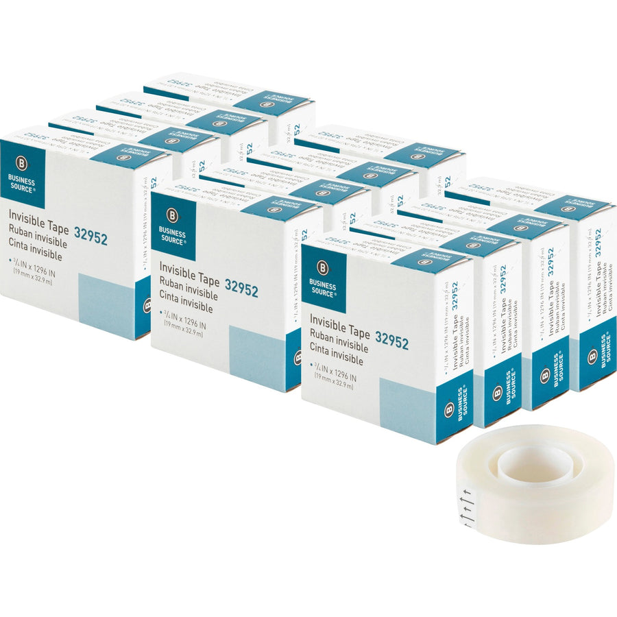 Business Source Invisible Tape Dispenser Refill Roll, Clear, 0.75", 36 yd, 1", Photo-safe, 12 / Box, BSN32952BX