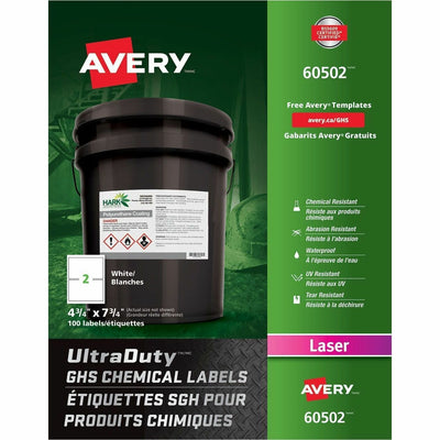 Avery UltraDuty™ GHS Chemical Labels 4�" x 7�", Permanent Adhesive, for Laser Printers, White, 100 / Box — view 1