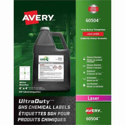 Avery UltraDuty™ GHS Chemical Labels 4" x 4", Permanent Adhesive, for Laser Printers, White, 50 / Box — view 1