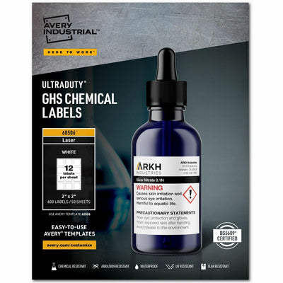 Avery UltraDuty™ GHS Chemical Labels 2" x 2", Permanent Adhesive, for Laser Printers, White, 600 / Box — view 1