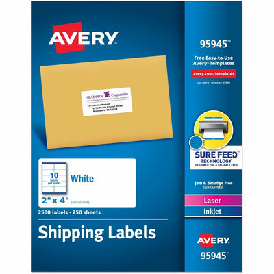 Avery Shipping Labels, Sure Feed, 2"x4", 2500 Glossy Labels (95945), Matte, 250 / Box, AVE95945