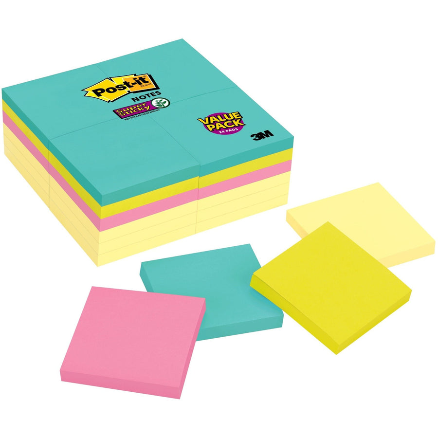 Post-it® Super Sticky Notes - Supernova Neons Color Collection, Canary Yellow, Paper, Recyclable, 24 / Pack, MMM65424SSCYM