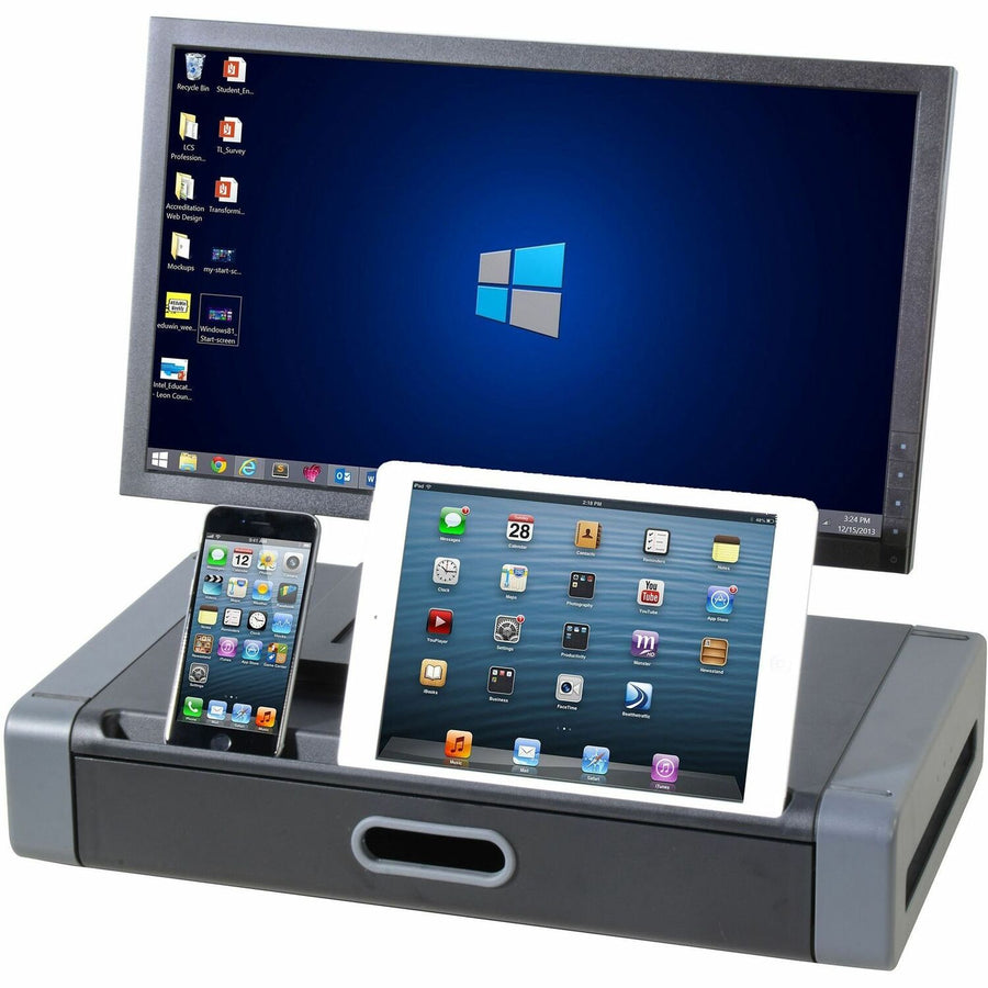 Kantek Monitor Riser with Drawer and Tablet/Smartphone Slot, 19" x 4", Gray, Polystyrene, Stackable, KTKMS760