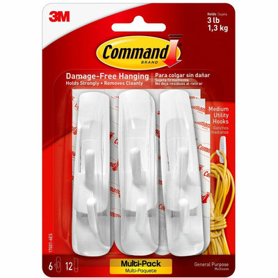 3M Command Medium Utility Hooks with Adhesive Strips, White, 1 Pack, MMM170016ES