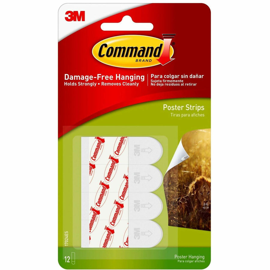 Command Small Poster Strips, White, Foam, 0.63", 1.75", Stain Resistant, 12 / Pack, MMM17024ES
