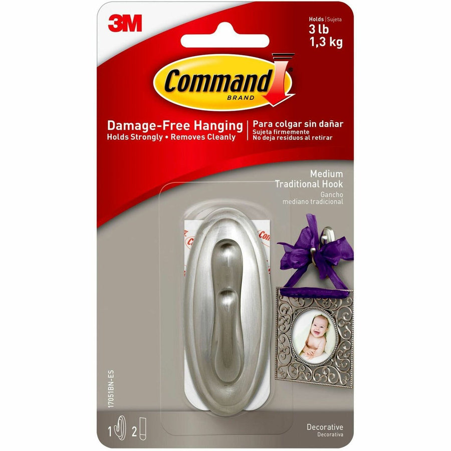 Command Medium Traditional Hook, Brushed Nickel, Metallic Silver, Plastic, 1 / Pack, MMM17051BNES