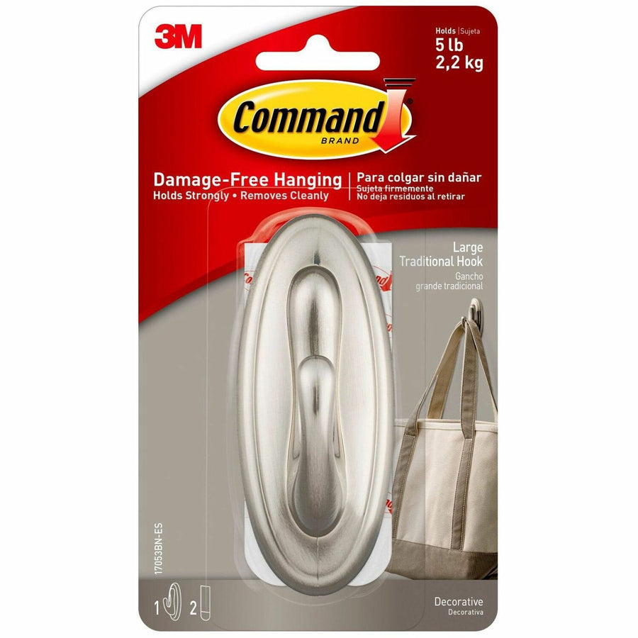 Command Traditional Hook - Large, Metallic Silver, Plastic, 1 / Pack, MMM17053BNES