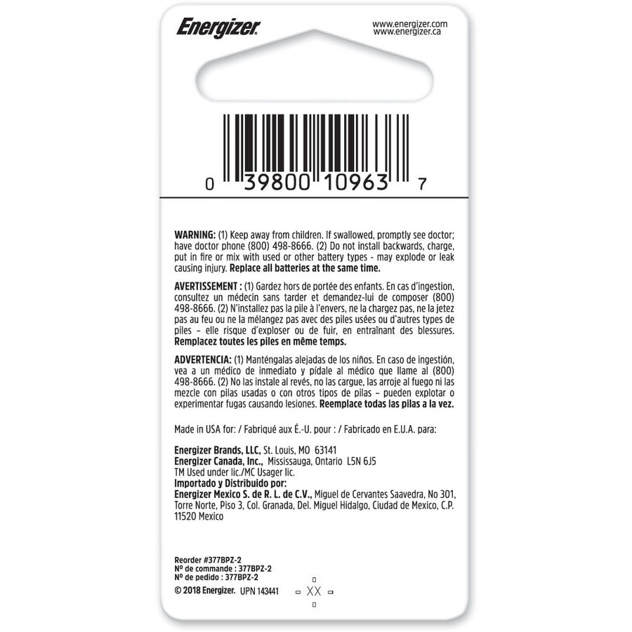 Energizer 377 Watch/Electronic Battery, 2 / Pack, EVE377BPZ2
