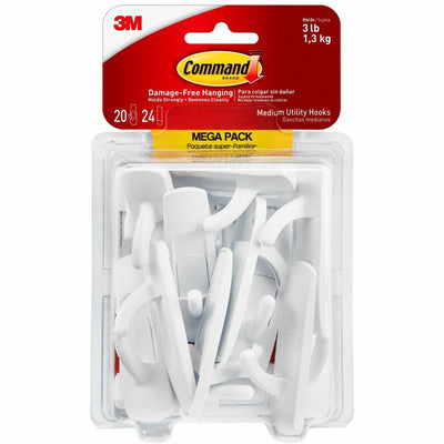 3M Command Medium Utility Hook Mega Pack, White, 20 / Pack, MMM17001MPES