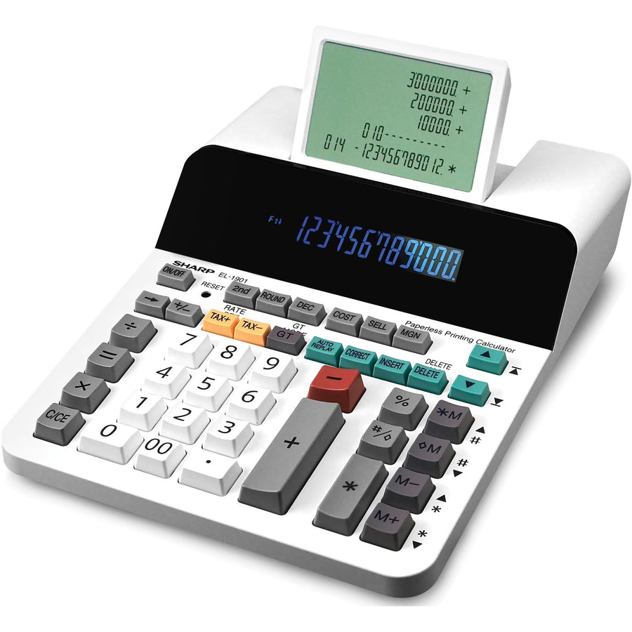 Sharp Calculators EL-1901 12-Digit Paperless Printing Calculator, 7.3" x 2.3", White, SHREL-1901