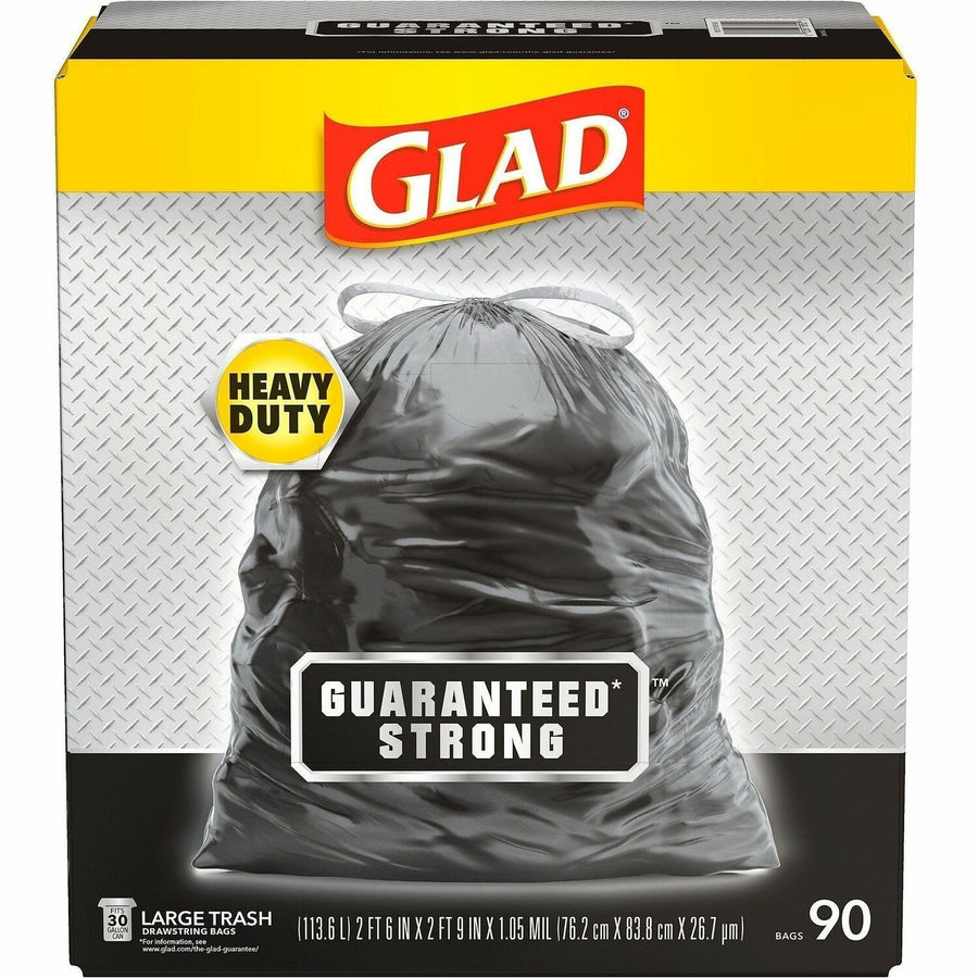 Glad Strong Large Drawstring Trash Bags, Black, Plastic, 30 gal, Heavy Duty, 90 / Carton, CLO78952