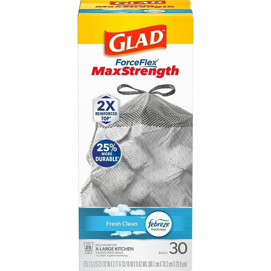 Glad ForceFlex MaxStrength X-Large Kitchen Drawstring Trash Bags, ForceFlexPlus, Gray, 20 gal, Odor Resistant, CLO78913