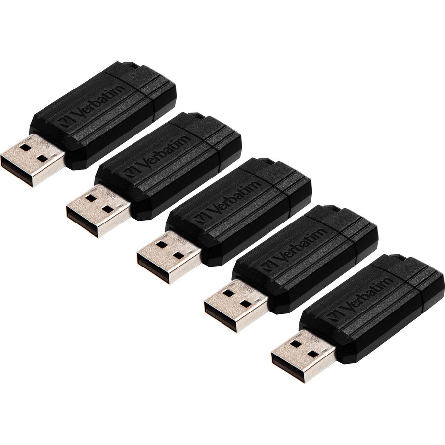 Verbatim PinStripe USB Flash Drives, Black, 5 / Bundle, VER49063BD