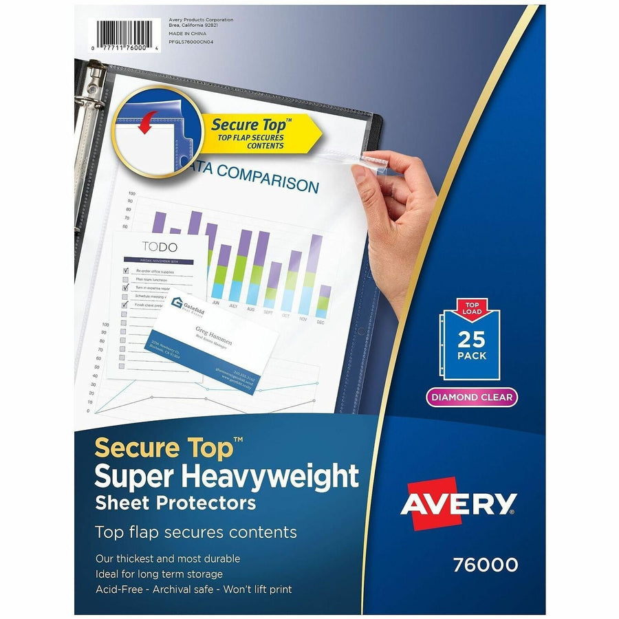 Avery® Secure Top Sheet Protectors, 8.5" Width x 11" Length, Clear, Polypropylene, Heavyweight, 3 / Bundle, AVE76000BD