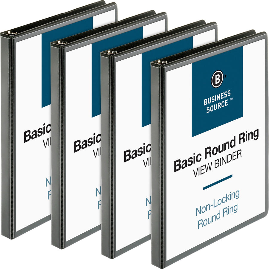Business Source Round-ring View Binder, 8.5" Width x 11" Length, Black, Polypropylene, 125, Clear Overlay, 4 / Bundle, BSN09950BD