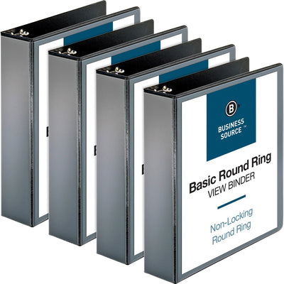 Business Source Round-ring View Binder, Black, 8 1/2" Width x 11" Length, 4 / Bundle, BSN09956BD