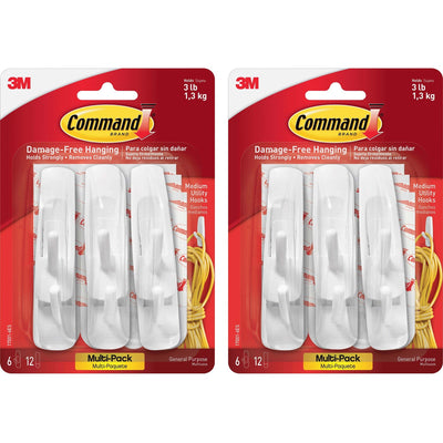 3M Command Medium Utility Hooks with Adhesive Strips, White, 2 / Bag, MMM170016ESBG