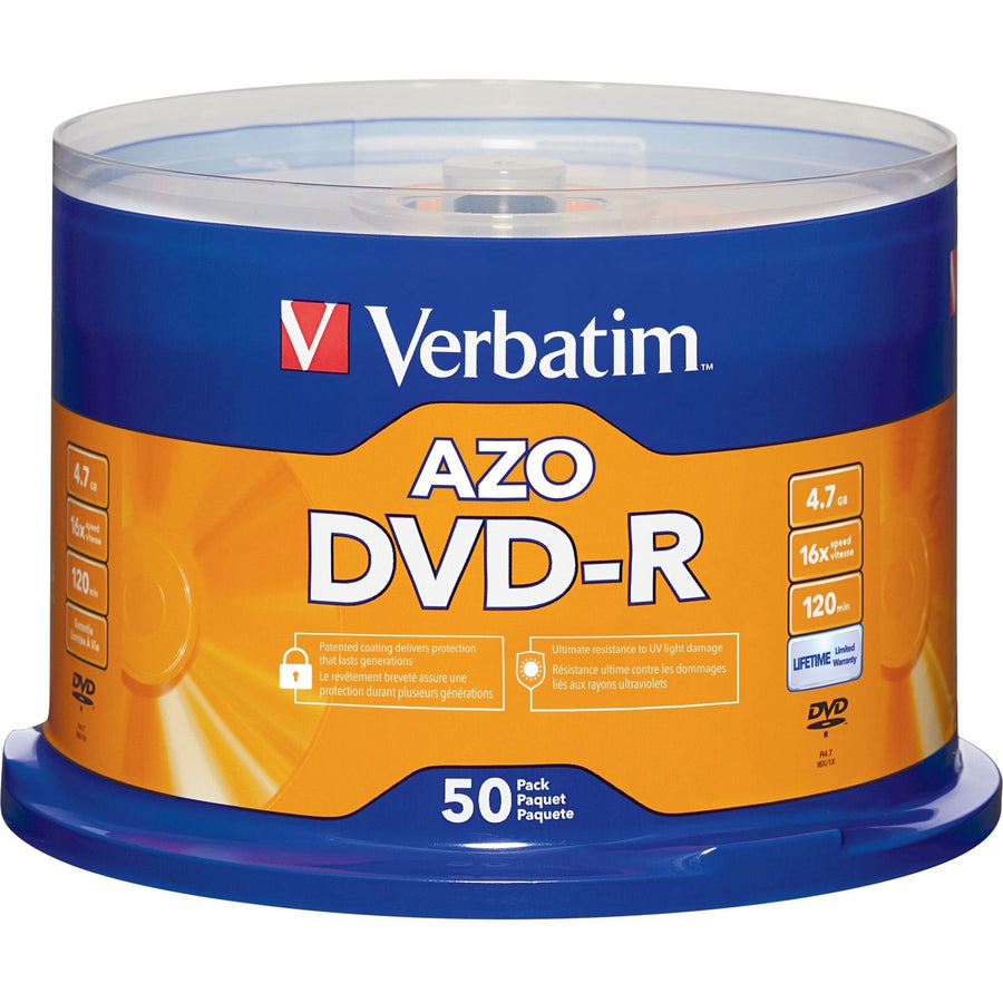 Verbatim AZO DVD-R 4.7GB 16X with Branded Surface - 50pk Spindle, Silver, 1 / Pack, VER95101