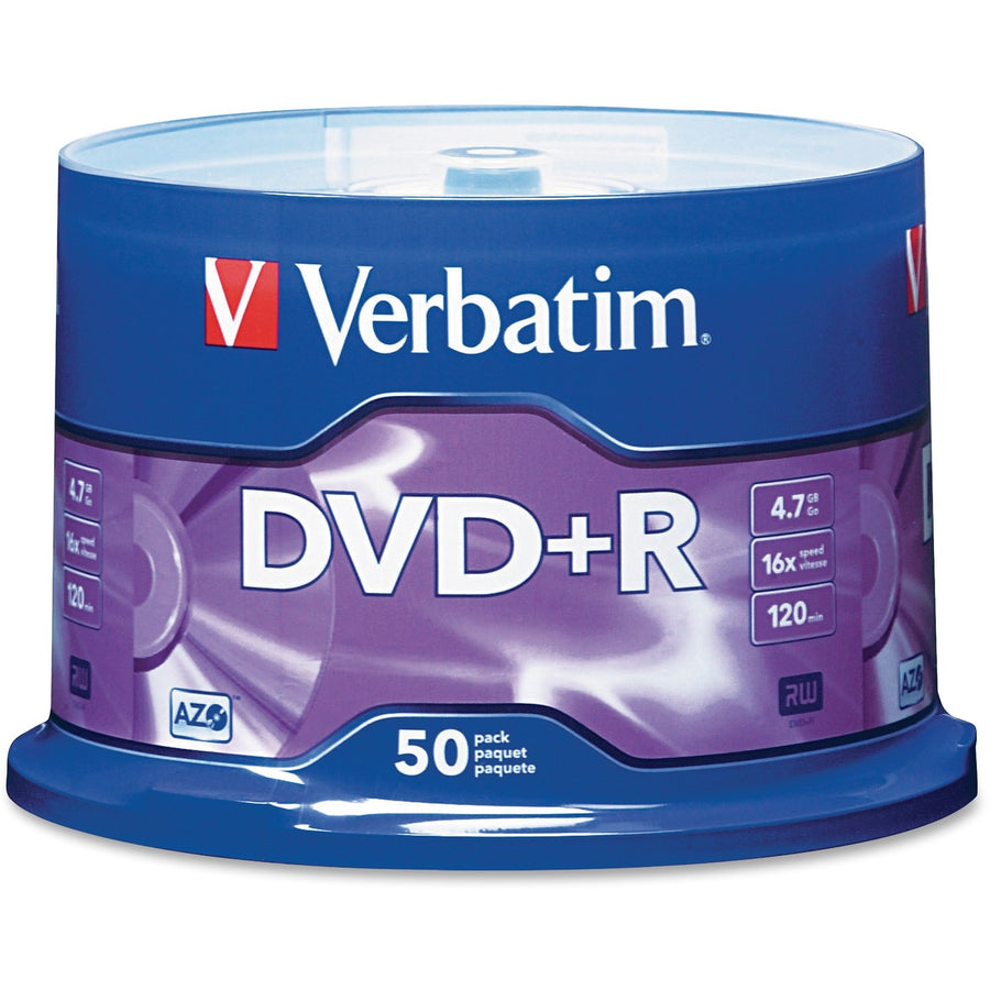 Verbatim AZO DVD+R 4.7GB 16X with Branded Surface - 50pk Spindle, Silver, 1 / Pack, VER95037