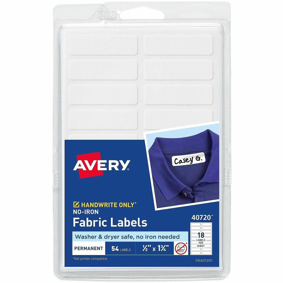 Avery® No-Iron Fabric Labels, White, Film, 3, Dryer Safe, 18 / Carton, AVE40720