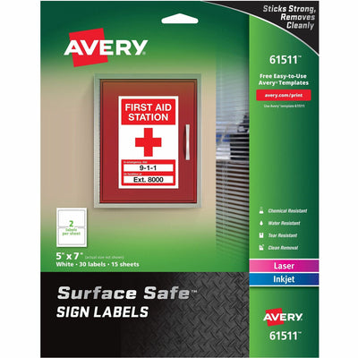 Avery 5"x7" Removable Label Safety Signs, White, 30 / Pack, AVE61511