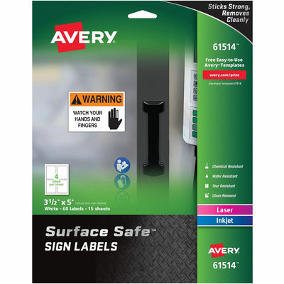 Avery 3-1/2"x5" Removable Label Safety Signs, White, 60 / Pack — view 1