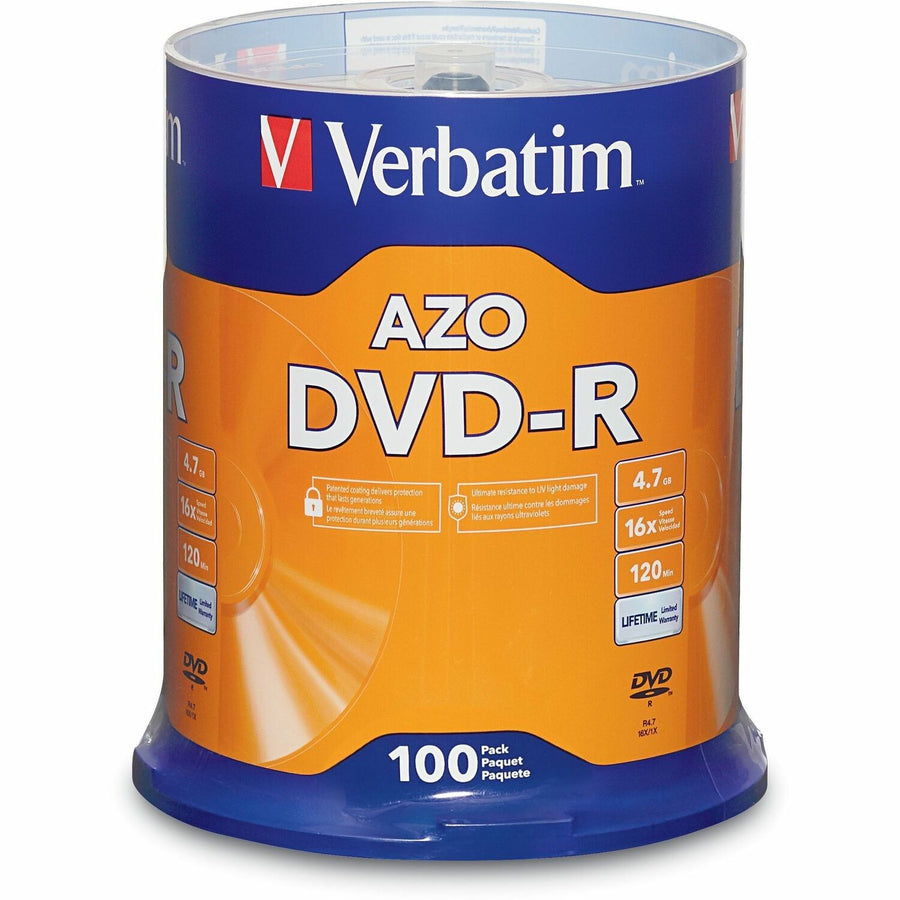 Verbatim AZO DVD-R 4.7GB 16X with Branded Surface - 100pk Spindle, Silver, 100 / Pack, VER95102