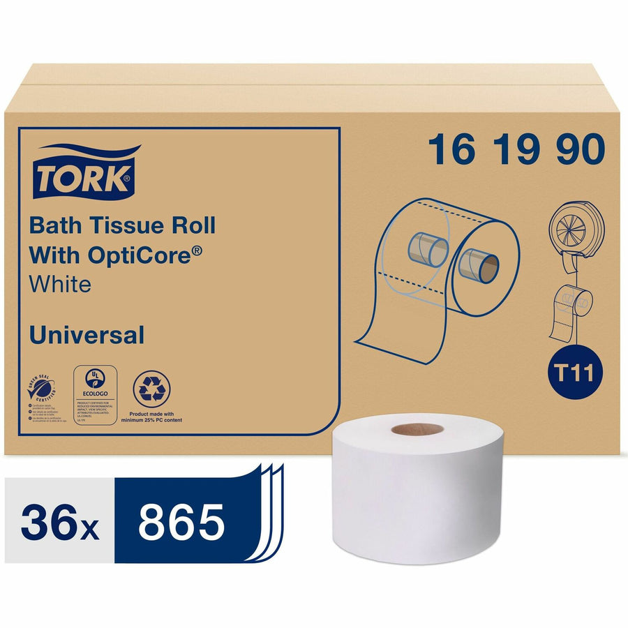 TORK Universal Bath Tissue Roll with OptiCore, 16.6" x 11.8", White, Paper, 1 45/64", Chemical-free, 36 / Carton, TRK161990
