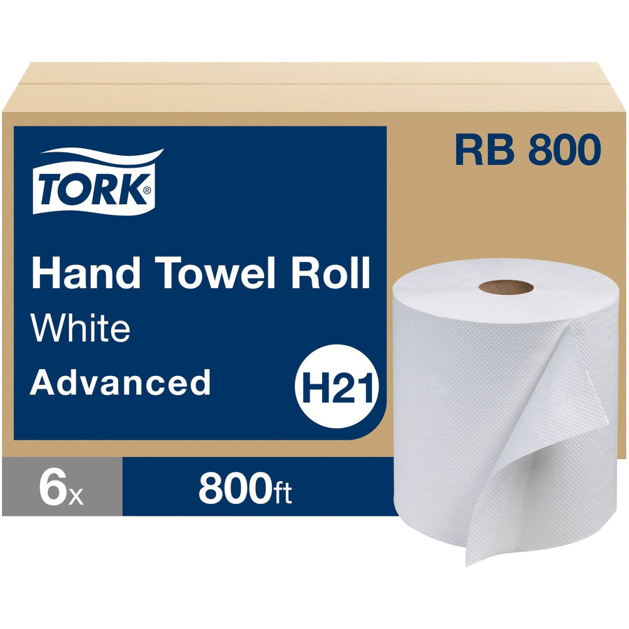 TORK Advanced Hand Towel Roll, 8.6" x 23.6", White, 1 4/5", Long Lasting, 6 / Carton, TRKRB800