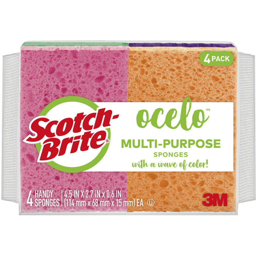 Scotch-Brite StayFresh Sponge, O-Cel-O, 4.6" x 5.8", Assorted, Cellulose, Durable, 4 / Pack, MMM7274FD