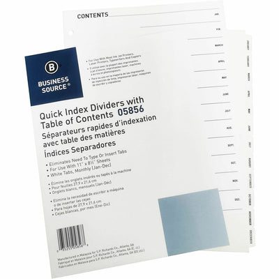 Business Source Jan-Dec Monthly Table of Contents Index Dividers, White, 12 / Set, BSN05856
