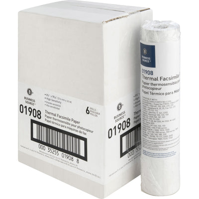 Business Source Thermal Fax Paper Rolls, White, 8 1/2" x 98 ft, 6 / Carton, BSN01908