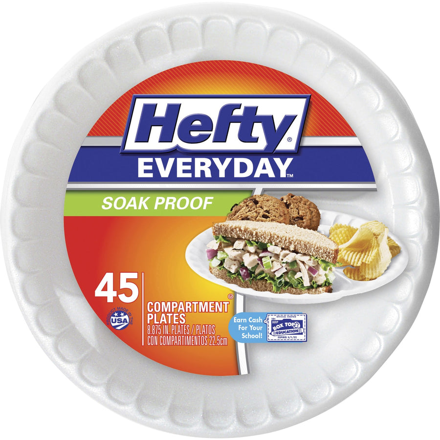 Hefty Everyday 8-7/8" 3-Compartment Foam Plates, White, 45 / Pack, RFPD28845