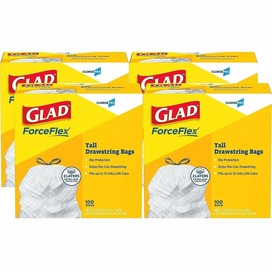 Glad ForceFlex Tall Kitchen Drawstring Trash Bags, White, Plastic, 13 gal, Stretchable, 2 / Pallet, CLO78526PL