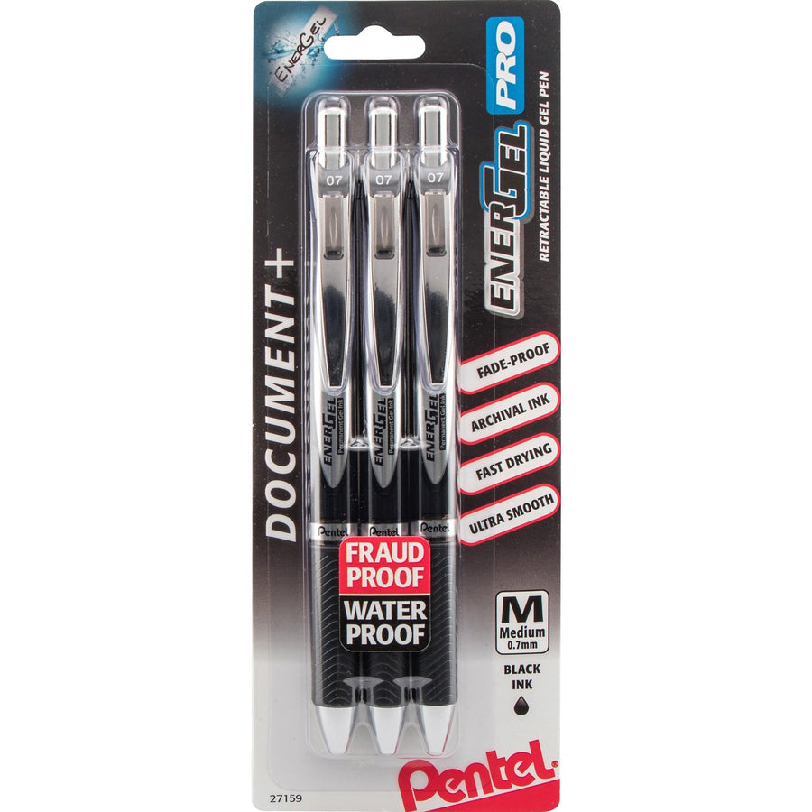 EnerGel PRO Retractable Liquid Gel Ink Pens, Black, Pocket Clip, 3 / Pack, PENBLP77BP3A
