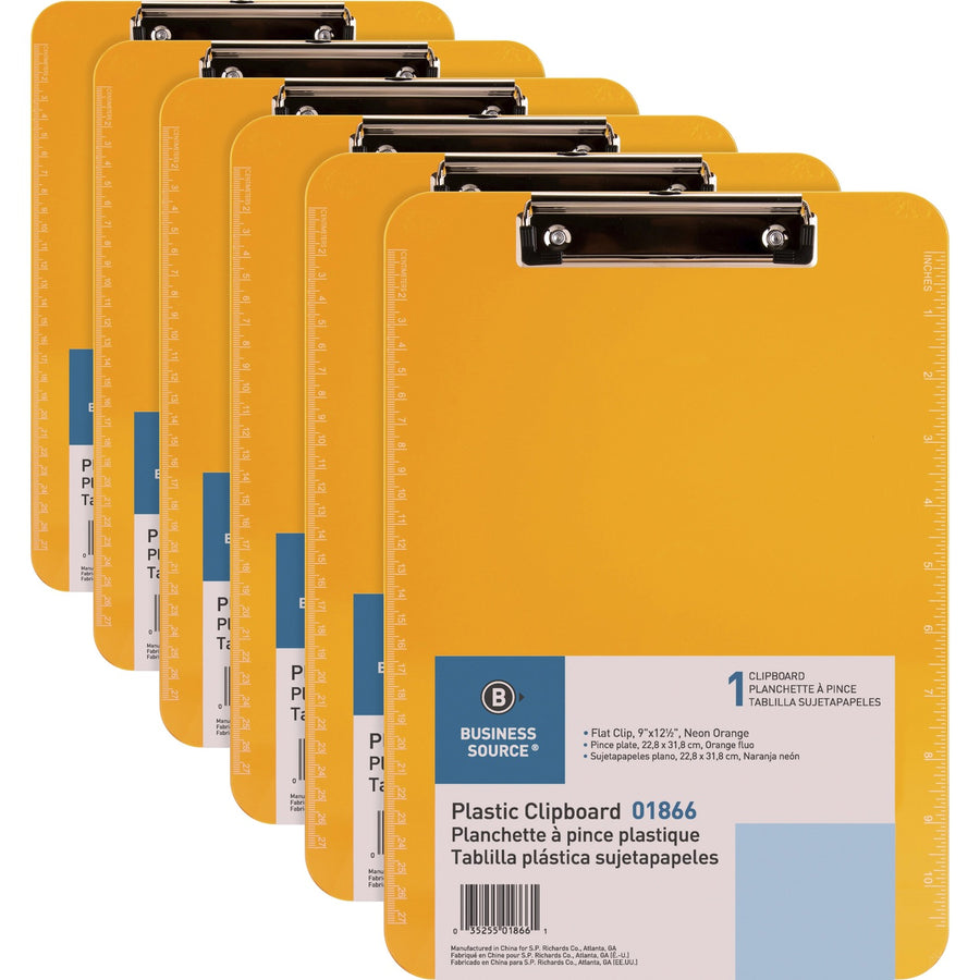Business Source Flat Clip Clipboard, Neon, Orange, 9" Width x 12" Length, 6 / Bundle — view 1