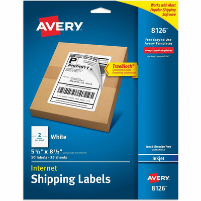 Avery White Rectangle Labels TrueBlock, 8�" x 5�", for Laser and Inkjet Printers, 1 Pack — view 1
