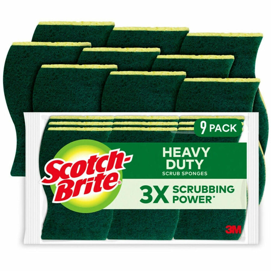 Scotch-Brite Heavy-Duty Scrub Sponges, 4.5" x 2.8", Green, Dishwasher Safe, 9 / Pack, MMM4295