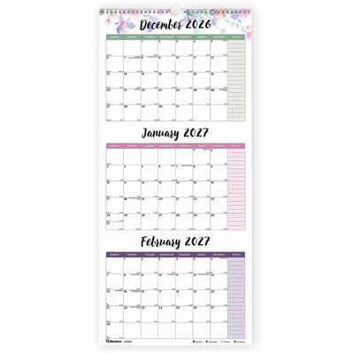 Dominion Blueline Blueline 3-Month Colorful Wall Calendar, Floral, 12 1/4", REDC171129