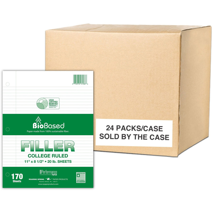 Roaring Spring BioBased Filler Paper, 8.5" x 0.70", Spiral Bound, 20 lb, 170, Printed, 24 / Carton, ROA13186CS