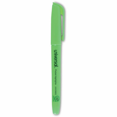 Universal Pocket Highlighters, Fluorescent Green Ink, Chisel Tip, Green Barrel, Dozen, 1 Dozen, UNV08852
